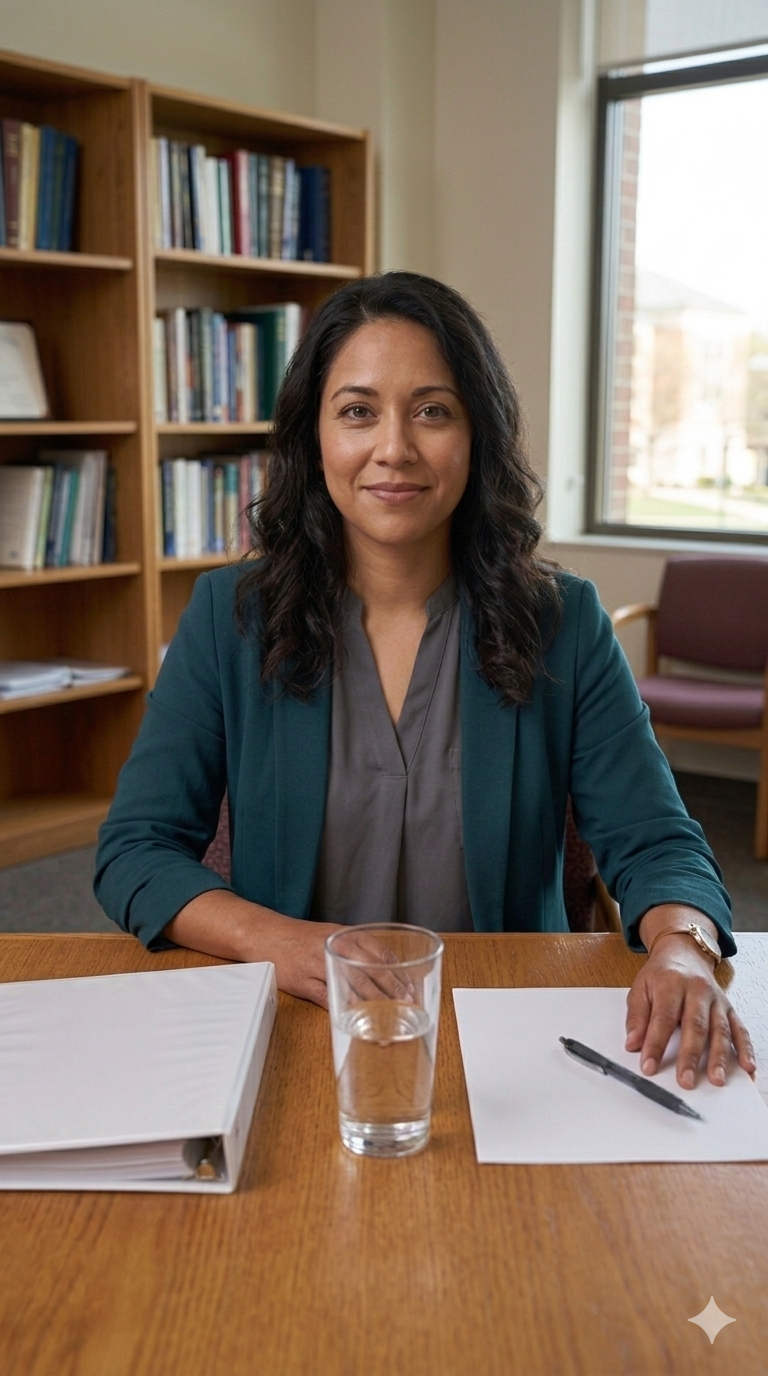 A woman sitting at a table in a university conference room, ready for her defense.