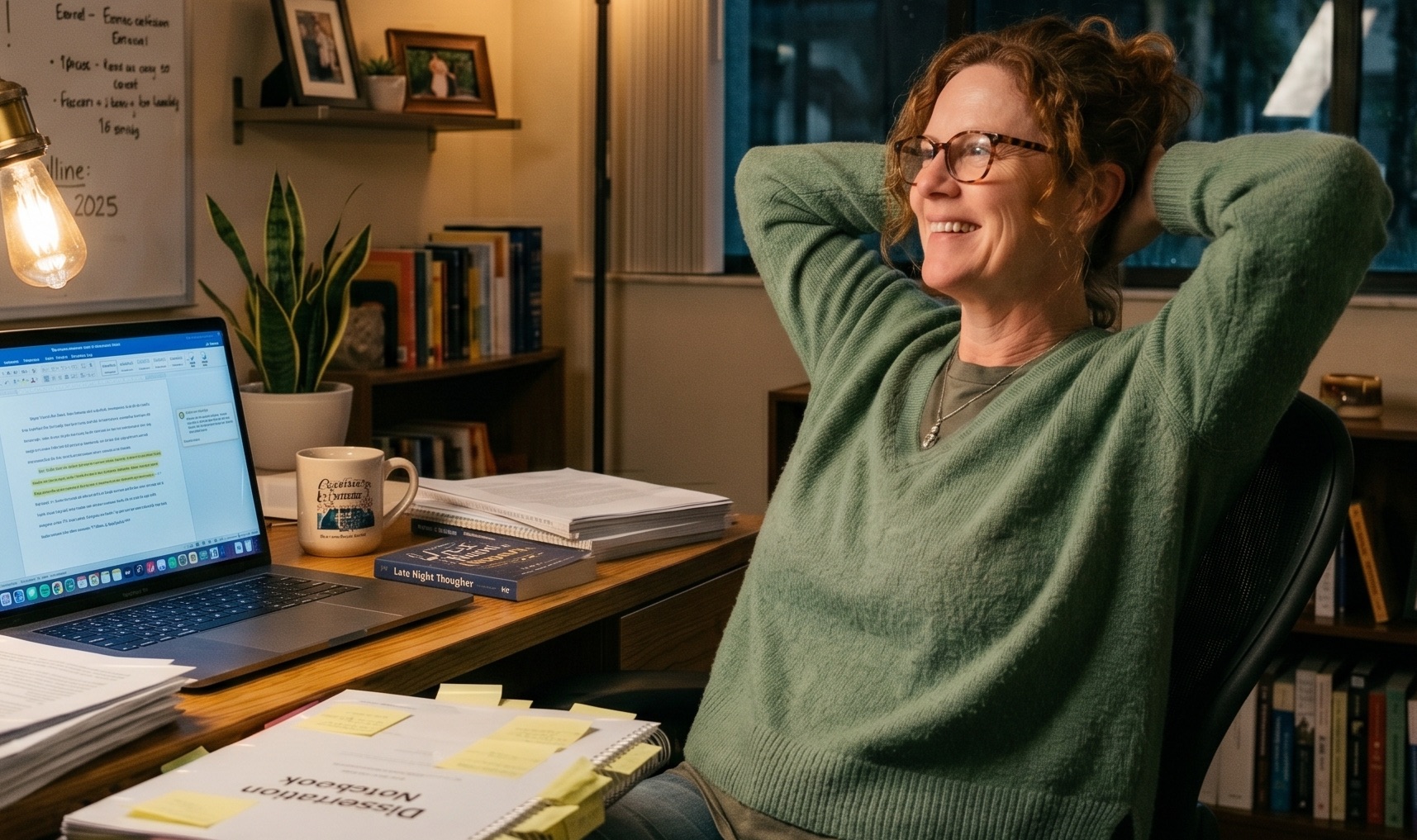 Female doctoral student leaning back in her desk chair looking relieved